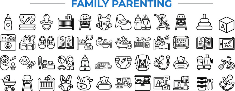 Family Parenting and Childcare outline icon set. Featuring mother, baby, stroller, toddler, and house symbols. Editable stroke vector icons for newborn nursery and household lifestyle app.