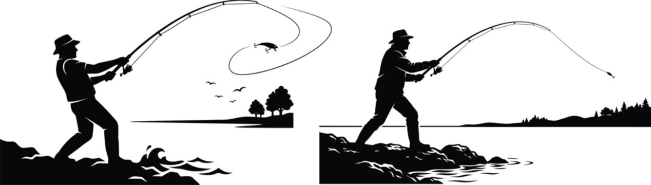 Black and white silhouette illustration of a man fishing by the lakeside with fisherman, silhouette