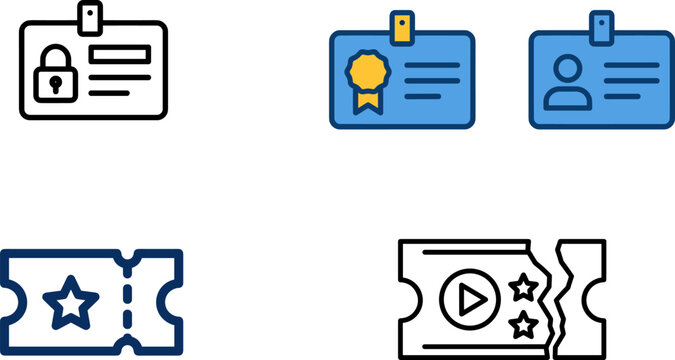 Identification Badge and Cinema Ticket Vector Icon Set Featuring Secure Personal IDs, Member Passes, and Torn Admission Vouchers