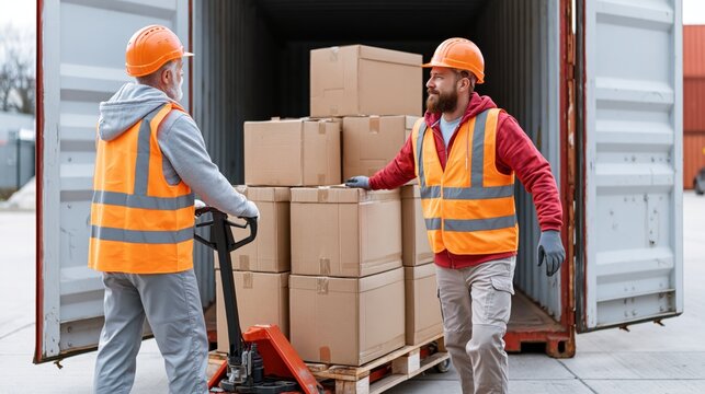 Warehouse workers using a pallet jack to unload boxes from a shipping container