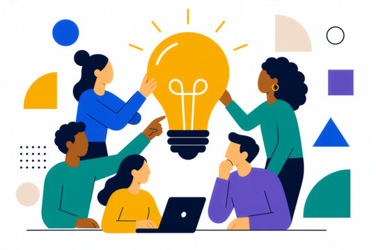 Diverse team brainstorming creative ideas with lightbulb concept in flat design illustration