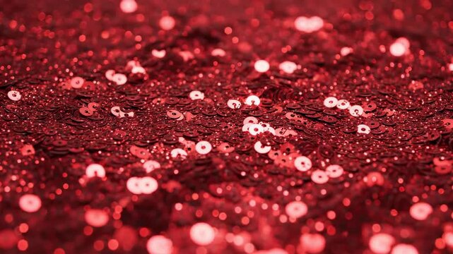 Sparkling Red Sequins Texture with Shimmering Bokeh Effect ideal for festive backgrounds and fashion design projects.