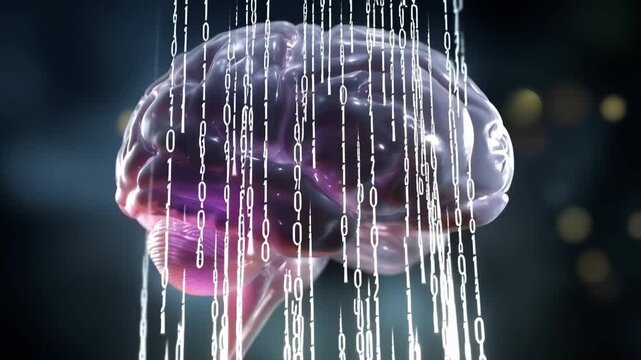 A mesmerizing visualization of a brain surrounded by streams of digital data represented as cascading binary code, illustrating the connection between mind and technology.