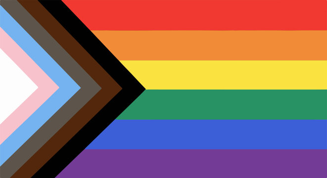 Progress Pride flag with rainbow and chevron stripes