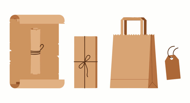 Rolled scroll, tied gift box, paper bag, and tag on white background