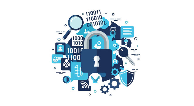 Cybersecurity and Data Protection Concept Illustration with Padlock, Binary Code, Shield, and Digital Privacy Icons on White Background
