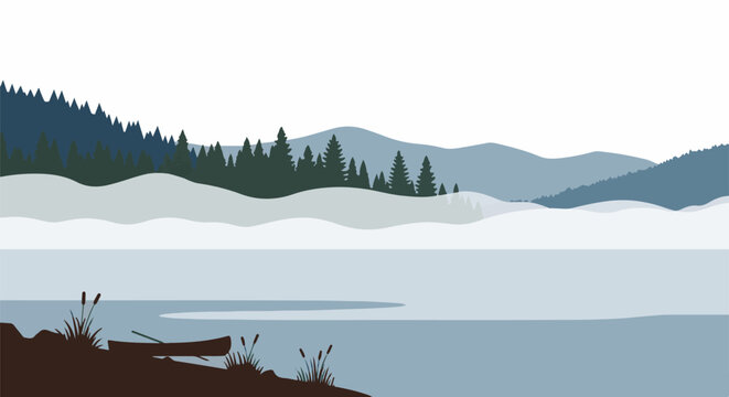 Minimalist winter lake scene with canoe and pine forest on distant hills