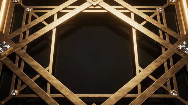 Elegant Art Deco Gold Frame with Shimmering Diamonds and Glowing Geometric Lines, Ideal for Luxury Event Invitations or High-End Product Showcases.