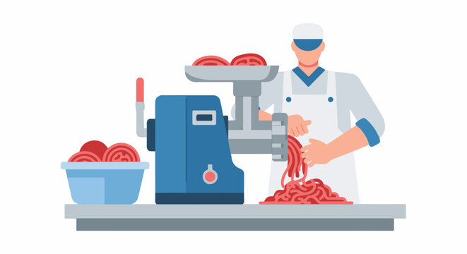 Person in apron using meat grinder, mincing raw meat