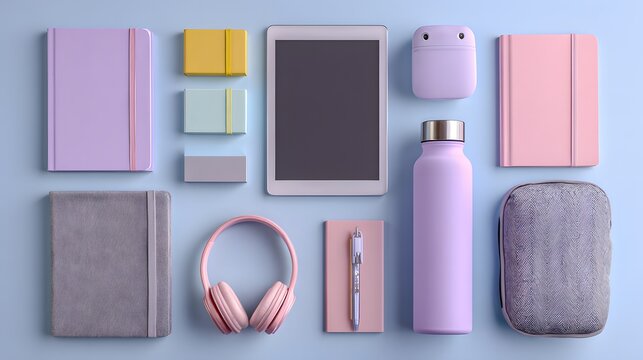 Stylish back-to-school flat lay with pastel stationery and tech accessories