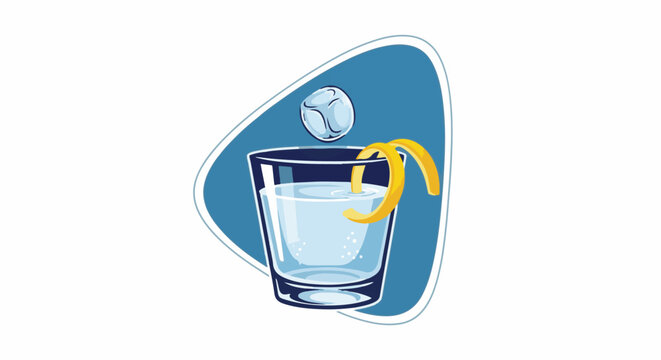 Refreshing drink in a glass with ice and lemon twist on blue background