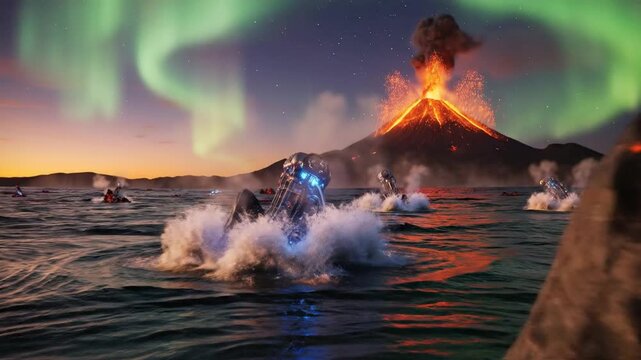 Futuristic Robots Explore Volcanic Landscape with Aurora Borealis.