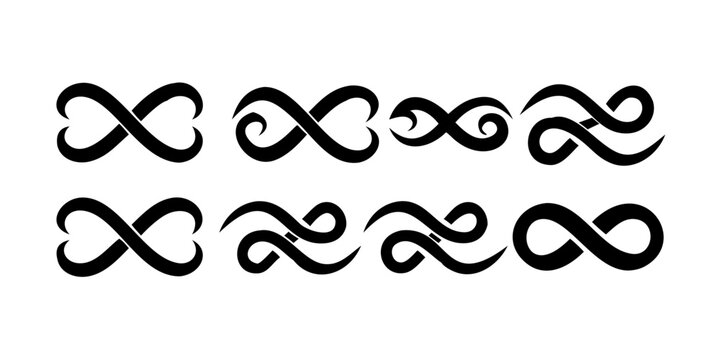 Set of twelve black tribal symbols featuring abstract wave, spiral, and infinity shapes for graphic design and tattoo art, rendered in a bold, minimalist calligraphic style. vector