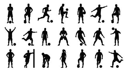 Fototapeta premium Football player silhouettes collection in standing running and juggling poses with soccer balls.