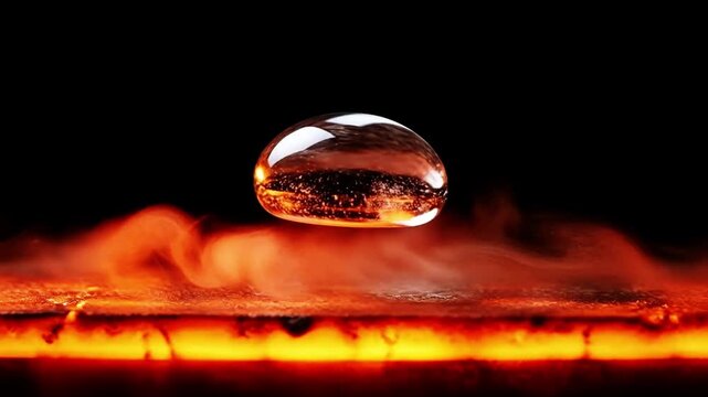 Leidenfrost effect droplet levitating on hot surface, unique thermodynamics science macro