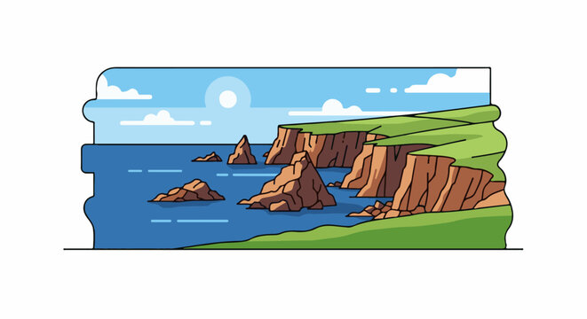 Pixelated seaside cliffs with rocky outcrops jutting from blue ocean under sky