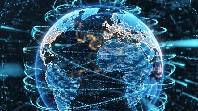 Futuristic Digital Earth Glowing Blue Globe with Golden Data Points and Digital Network Particles, Ideal for Technology and Global Connectivity Concepts.