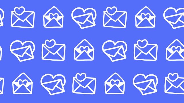 Seamless pattern of hand-drawn love letters and heart envelope icons on a blue background animation for romantic communication wallpaper and Valentine's Day line art backdrop design. Seamless looping.