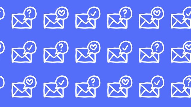 Seamless pattern of hand-drawn mail envelopes with heart, checkmark, and question speech bubbles on a blue background animation for email notification status and digital communication wallpaper.