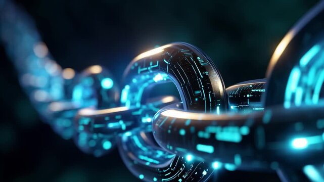 Futuristic Digital Chain Links with Glowing Blue Light, Representing Technology and Connections in a Modern Networked World, Symbolizing Blockchain Concepts