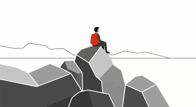 Person sitting on a rock, contemplating the horizon in a minimalist style