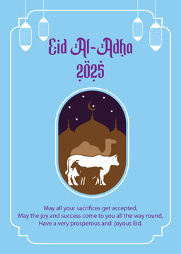 Eid Al-Adha 2025 Greeting Card Template with Mosque, Camel and Cow Silhouette, Islamic Festival Vector Illustration