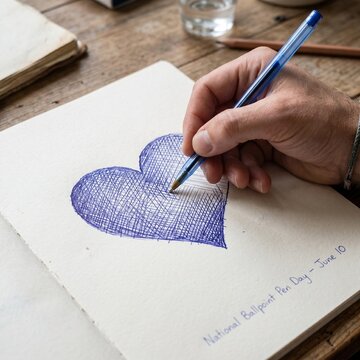 Close-Up of Hand Holding Classic Blue Ballpoint Pen Drawing a Heart on White Paper &ndash; Cross-Hatching Fill &ndash; National Ballpoint Pen Day June 10 Faintly in Corner

