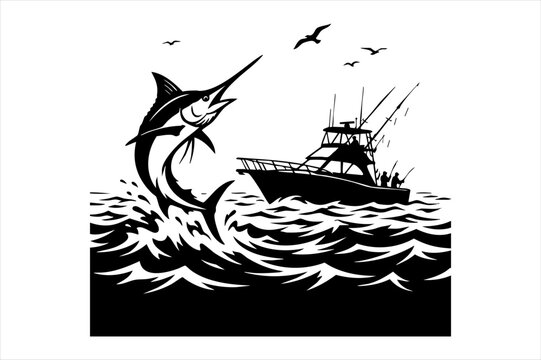 Marlin fish jumping out of the ocean waves with a sport fishing boat in the background black vector art