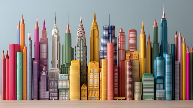 Creative school supplies arranged like a city skyline, a vibrant urban landscape