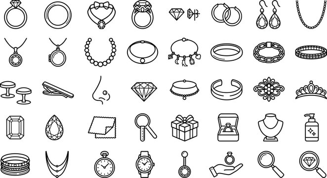 Jewelry Store and Luxury Accessories Line Icon Set, Vector Linear Icons