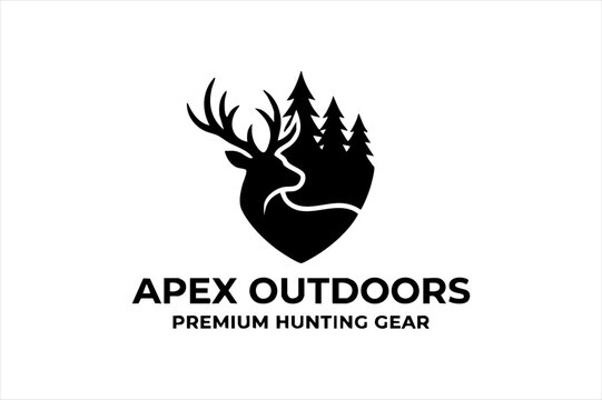 Deer head icon with forest silhouette for hunting apparel or outdoor brand logo outdoors wildlife adventure