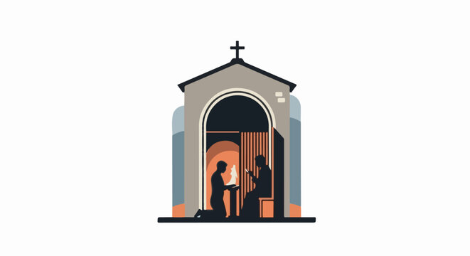 Kneeling figure receives blessings inside arched doorway of building with cross