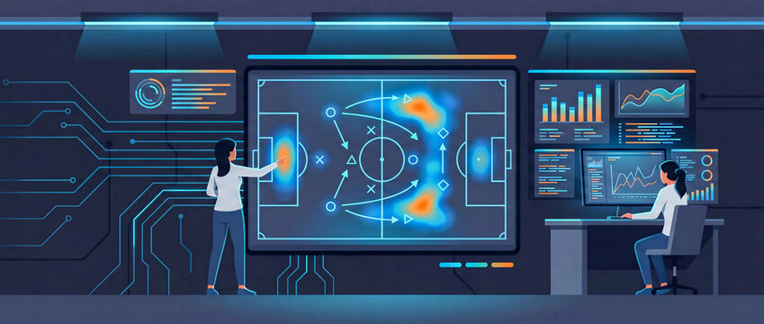 Flat vector illustration of female data analysts monitoring soccer performance metrics in a tech room.