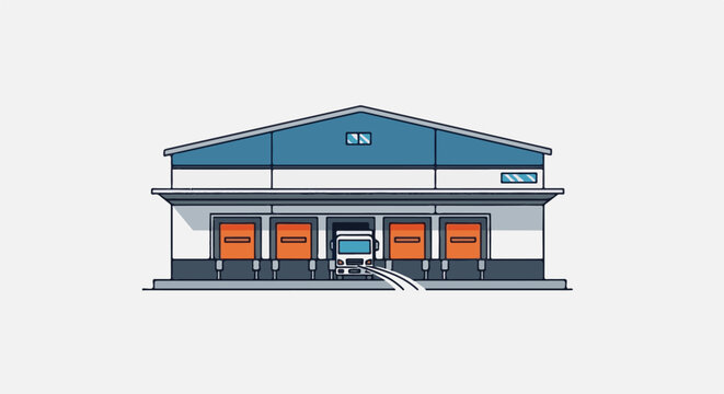 Loading dock with truck, warehouse, orange doors, blue roof