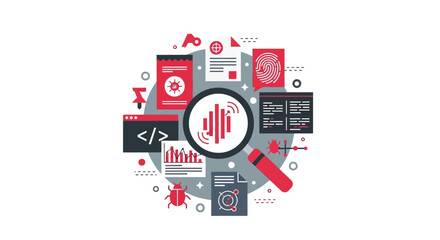 Obraz premium Cyber Security Data Analysis and Bug Hunting Flat Vector Illustration with Software Testing and Digital Forensics Icons