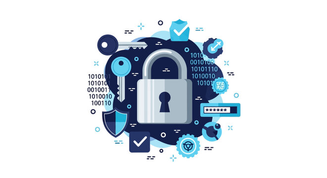 Cybersecurity Concept Illustration with Padlock, Keys, Shield, and Binary Code for Digital Data Protection and Privacy