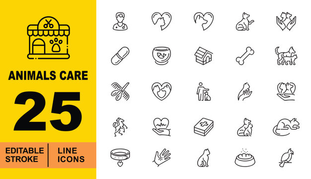 Animals Care Line Icon Set. Vet, Heart, Dog, Hands, Pill, Bowl, House, Bone, Friend, Scissors, Owner, Protection, Horse, Pulse, Case, Cat, Collar, Hand, Food, Parrot, Veterinary, Clinic, Shelter, Pet.