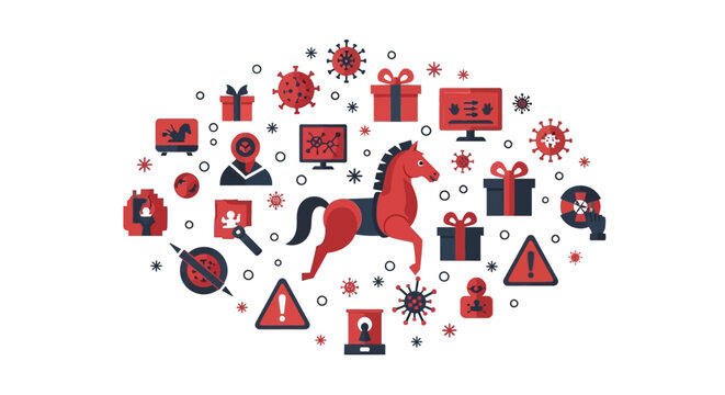 Cyber Security Malware Concept Illustration with Trojan Horse, Virus Icons, and Digital Data Breach Symbols on White Background