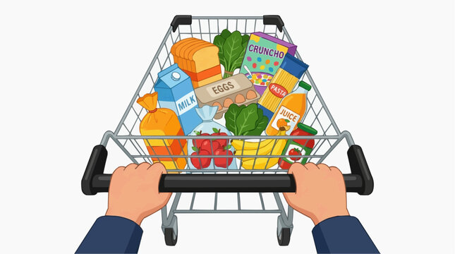 Two hands grip the handle of a full shopping cart overflowing with various groceries like bread, milk, eggs, and produce.
