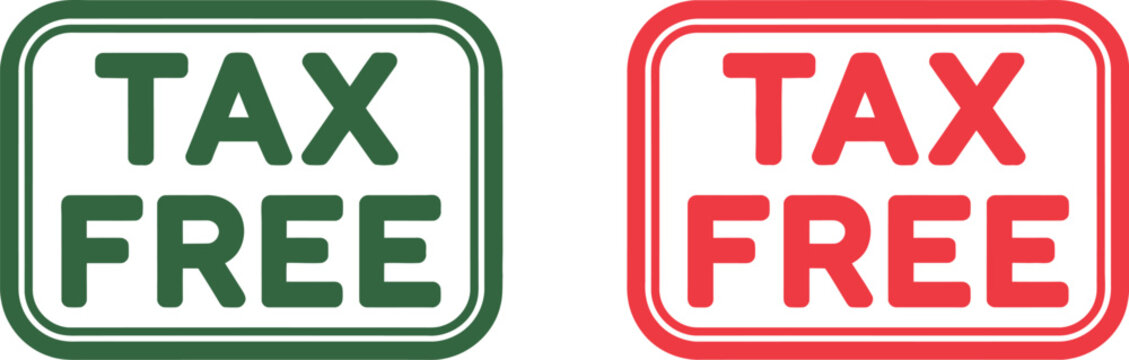 Tax free, stamp set, green and red rectangular badge icons for tax exemption discount offers and retail promotion labeling design.
