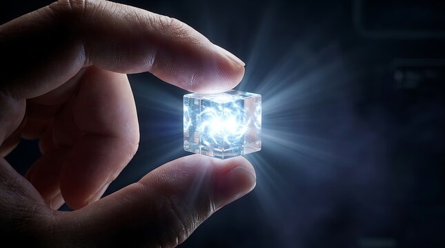Fingers holding glowing crystal digital cube emitting bright light rays for advanced quantum technology and futuristic data storage concept