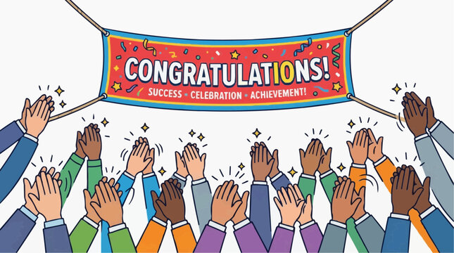 A diverse crowd of people are enthusiastically clapping their hands at a festive red banner proclaiming 'CONGRATULATIONS! SUCCESS - CELEBRATION - ACHIEVEMENT!'.
