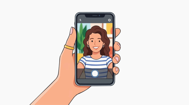 A woman's hand holds a smartphone displaying her smiling face in a selfie, representing connection and personal expression.