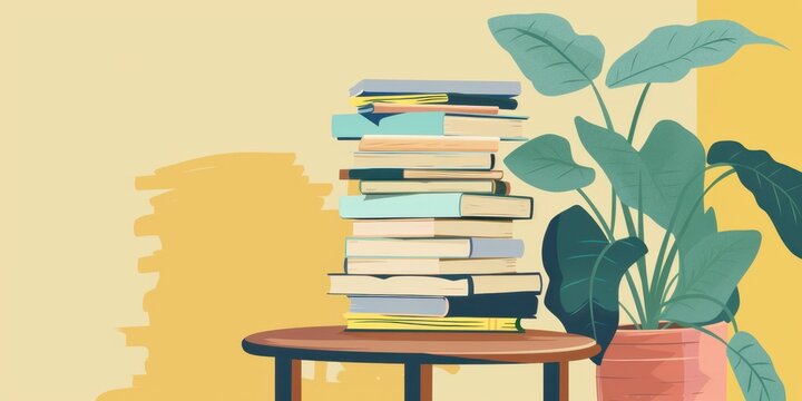 Minimalist pastel illustration of a book stack on a table