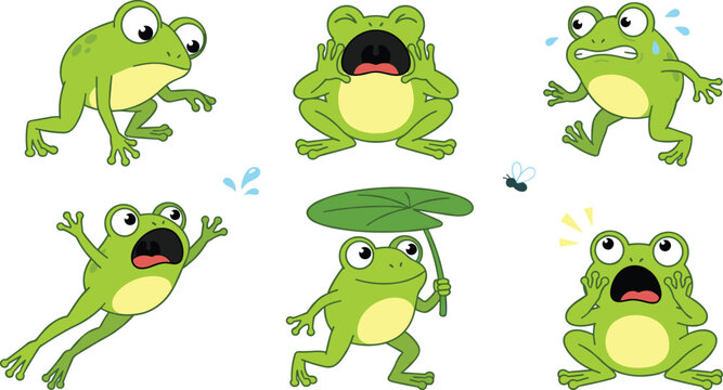Cute Green Frog Character Vector Illustration Set with Various Scared, Shocked, Crying, and Frightened Expressions for Comic Designs