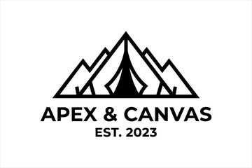 Apex and canvas adventure camping logo design featuring mountains and tent outline graphic illustration © ROP