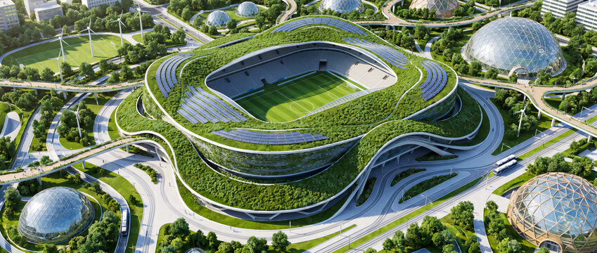 Aerial concept view of a futuristic sustainable stadium with a green living roof and solar panels.
