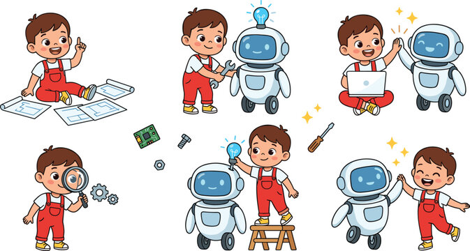 Cute Little Boy Playing with Friendly Robots Vector Set Featuring STEM Education Artificial Intelligence and Creative Technology Activities