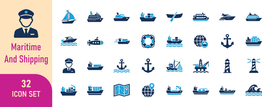Maritime and Shipping Line Icons Set. Marine Transport Outline Symbols Collection