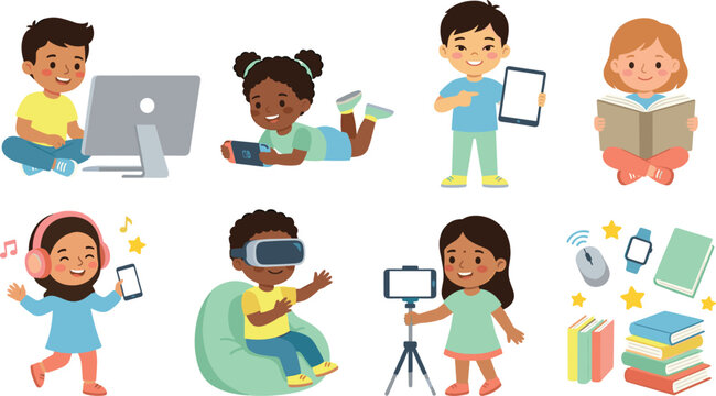 Diverse Kids Using Technology and Reading Vector Character Set with Children Playing Computer Games Wearing VR Headset Vlogging and Holding Books Designs